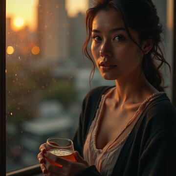 Beautiful young woman portrait in soft evening light with cinematic bokeh