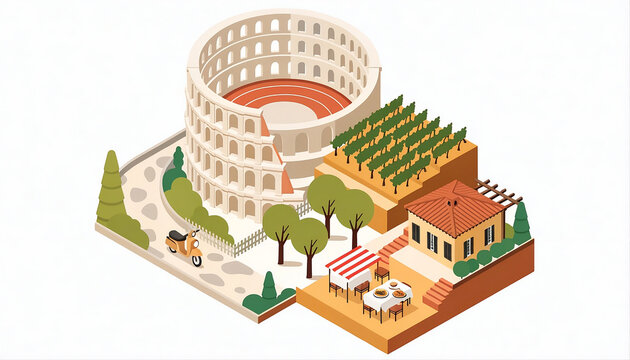 Isometric Italy travel illustration. 3D landmark map with Colosseum and vineyard scenery.