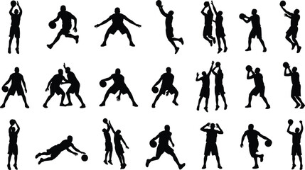 Basketball player silhouette set showing active athletes jumping shooting dribbling defending and dunking in competition matches © MdRakib