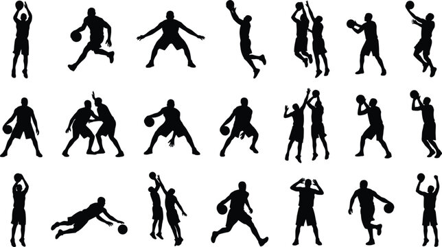 Basketball player silhouette set showing active athletes jumping shooting dribbling defending and dunking in competition matches