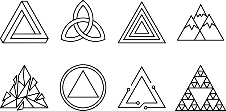 Geometric Triangle Icon Set with Abstract Mountain Celtic Knot and Fractal Symbols for Modern Logo Designs