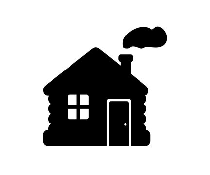 Winter house icon. Snowy cottage and home silhouette. Rustic forest dwelling illustration on transparent background. 


