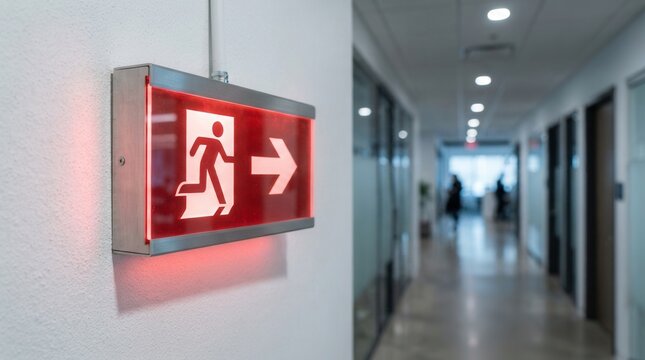 Illuminated red emergency exit sign mounted on office wall showing running man icon and right arrow.