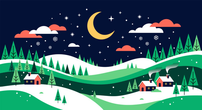Whimsical winter village scene with snow-covered houses under a crescent moon
