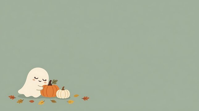 Cute little ghost character holding pumpkins with autumn leaves on a sage green background