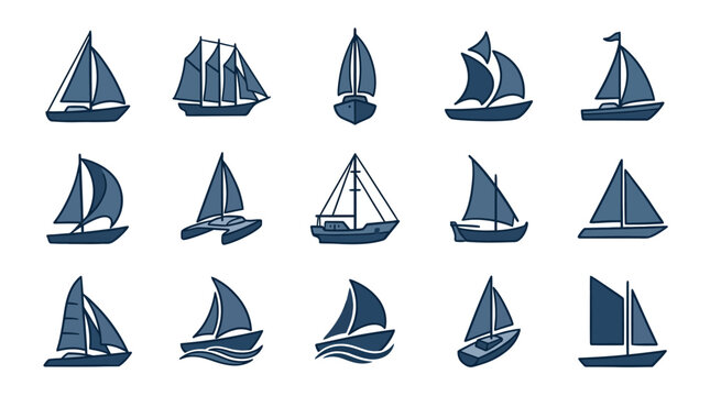 Industrial of Various Classic Sailboat Designs in Monochromatic Blue Gray Tones with high quality professional line art symbols for modern creative design and digital branding projects