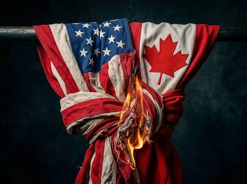 International conflict of USA and Canada. For broken treaties, political tension, trade war disputes, crisis, or severe strain in diplomatic alliance
