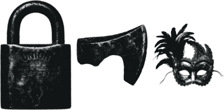 Halftone pattern padlock axe and masquerade mask in a row with white background