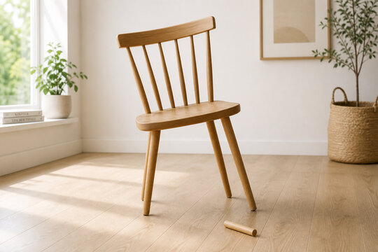 Misaligned wooden chair with crooked leg and unassembled dowel, DIY furniture assembly concept