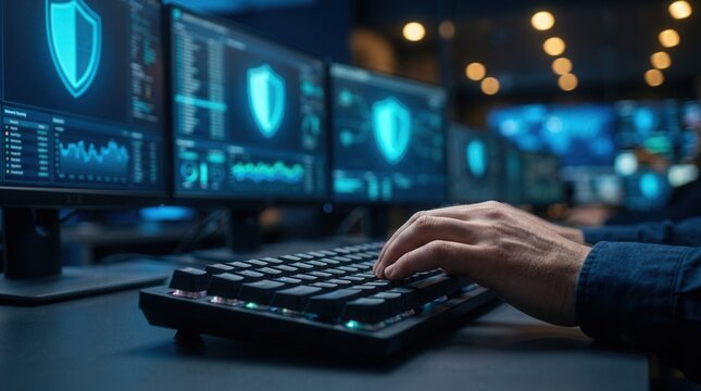 Cyber security and network protection concept with digital shield icons and data graphs on multiple computer monitors in a modern office.