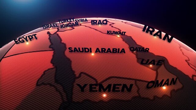 A modern 3D-style political map of the Middle East highlighting countries like Iran, Saudi Arabia, Iraq, Israel, Yemen, the United Arab Emirates, Oman, Qatar, Syria, Jordan, EGYPT, Turkey,