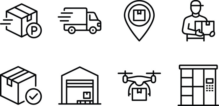 Logistics Shipping and Cargo Delivery Service Line Icon Set for E-commerce Supply Chain and Warehouse Tracking