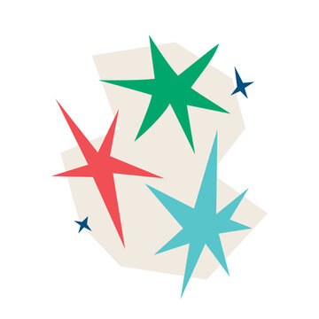 Vector modern groovy illustration of composition of colorful abstract irregular shaped stars with beige geometric shape isolated on white background