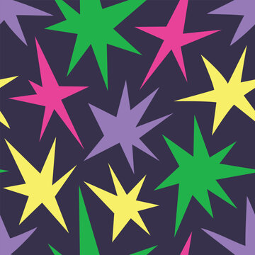 Vector seamless pattern with colorful irregular shaped sparkle stars background, cool groovy funky burst design