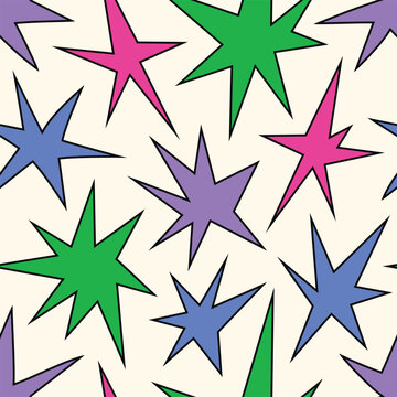 Vector seamless pattern with colorful irregular shaped sparkle stars background, cool groovy funky burst design