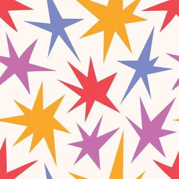Vector seamless pattern with colorful irregular shaped sparkle stars background, cool groovy funky burst design