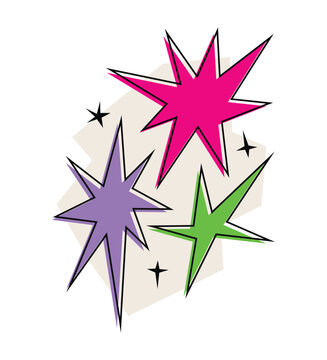 Vector modern groovy illustration of composition of colorful abstract irregular shaped stars with beige geometric shape isolated on white background