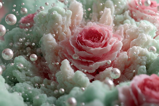 flowers bouquet made of pink roses and mint white clouds, pearls and floral explosion, photorealistic