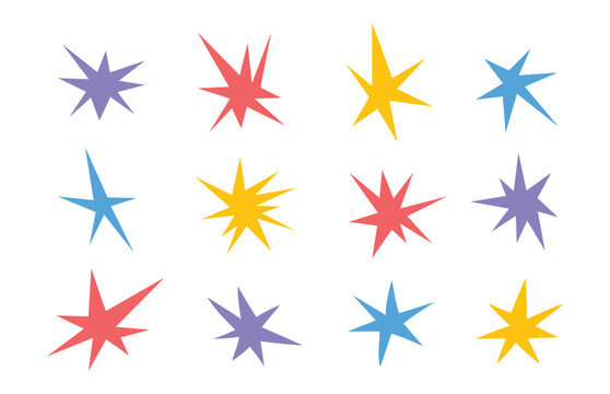 Abstract funky irregular shaped star burst icons collection. Minimal colorful sparkle symbols set. Modern vector illustration isolated on white background