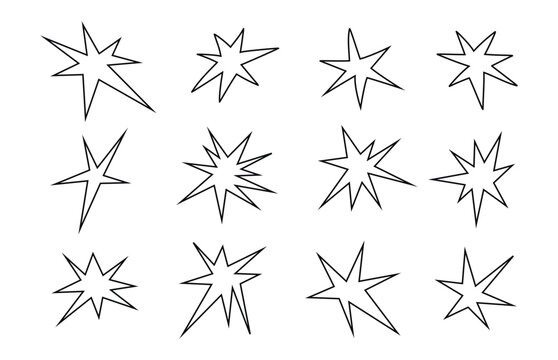 Abstract funky irregular shaped star burst icons collection. Minimal black sparkle symbols set. Modern vector illustration isolated on white background