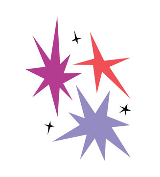 Vector modern groovy illustration of composition of colorful abstract irregular shaped stars isolated on white background