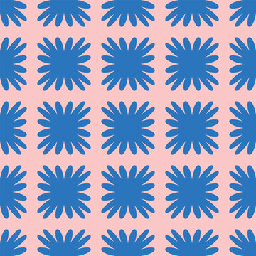 Vector seamless pattern with blue daisy flowers on pink background, retro modern groovy floral repeating design