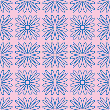 Vector seamless pattern with blue daisy flowers on pink background, retro modern groovy floral repeating design