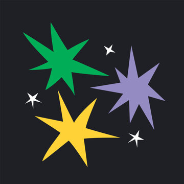 Vector modern groovy illustration of composition of colorful abstract irregular shaped stars on dark background