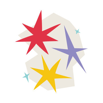 Vector modern groovy illustration of composition of colorful abstract irregular shaped stars with beige geometric shape isolated on white background