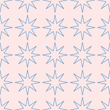 Vector seamless pattern with blue stars on pink background, retro geometric repeating design for wallpaper, textile and fabric