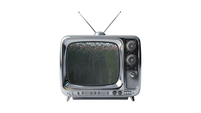Classic retro vintage television technology with chrome finish and rabbit ear antennas isolated on a white background for old media broadcast concept
