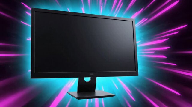 Modern computer monitor with blank screen and dynamic neon light speed lines background, for gaming or, tech advertising