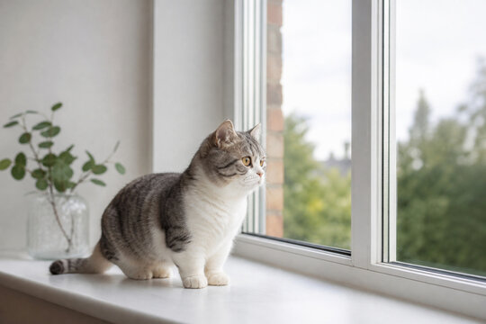 Munchkin cat with visible short legs sitting on window sill in soft daylight
