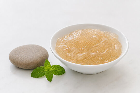 psyllium. Psyllium gel formation on white dish with river stone and mint, natural digestive health concept. STEM education sheets.