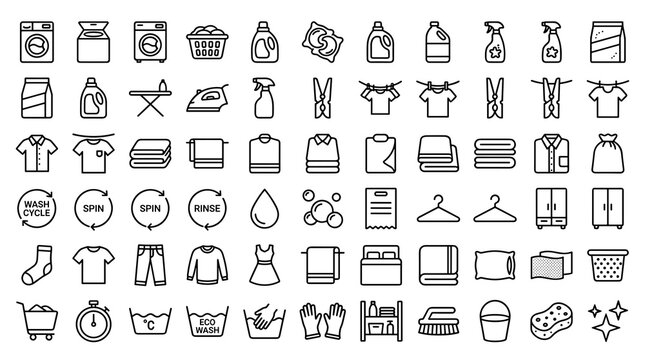 Set of 50 Laundry Service Outline Icons with Editable Stroke Featuring Washing Machine, Detergent, Dryer, Fabric Care, and Cleaning Supplies Vector Collection