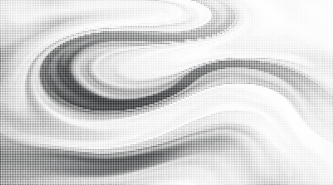 Abstract halftone wave pattern background featuring flowing black dot texture on transparent grid overlay for modern graphic design layouts and digital art projects.