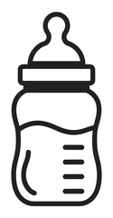 Stylized black outline icon of a baby bottle filled with liquid and measurement markings on the side for simple graphic representation