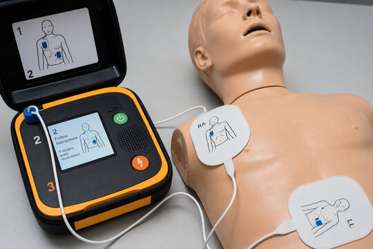 Automated external defibrillator with electrode pads on a training manikin.