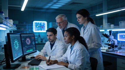 Fototapeta premium Team of scientists conducting infectious disease research with advanced laboratory analyzers and digital reporting systems.