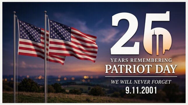 Patriot Day 25th anniversary commemorative graphic featuring United States flags and a silhouette of the Twin Towers, honoring the memory of September 11, 2001