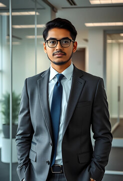 Young indian businessman in a dark suit and blue tie with glasses standing confidently in a modern office environment, the professional environment features glass partitions and bright lighting