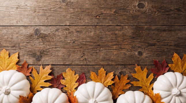 Thanksgiving Autumn Harvest Day white pumpkins and colorful fall leaves arranged as a bottom border on rustic wood table background with copy space for seasonal harvest banner