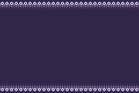 Traditional pixel floral border pattern with symmetrical folk-inspired motifs in purple and lavender. Seamless decorative frame for fabric, stationery, invitations, wallpaper and textile 