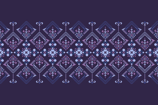 Traditional pixel geometric border pattern with symmetrical floral motifs in purple and blue. Seamless decorative textile design for fabric, wallpaper, stationery, packaging, and digital backgrounds.