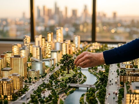 Architectural model of a modern city with a person hand adjusting buildings in a high rise office