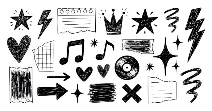 Hand drawn sketches of stars hearts musical notes and lightning bolts on a transparent setting