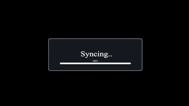 Syncing progress bar indicates ongoing data synchronization between multiple devices against a clean dark backdrop.