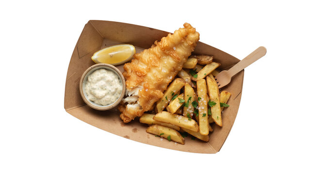 Crispy golden fried fish fillet with thick cut chips in a cardboard tray, isolated on transparent background