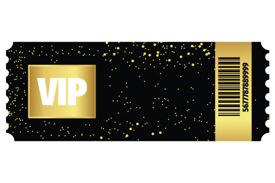 Vip ticket template with gold accents, , confetti pattern, and barcode elegant event pass design for exclusive access, concerts, festivals, or luxury parties