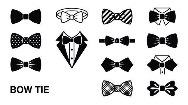 Elegant black and white bow tie vector illustration set showing various formal fashion accessory styles